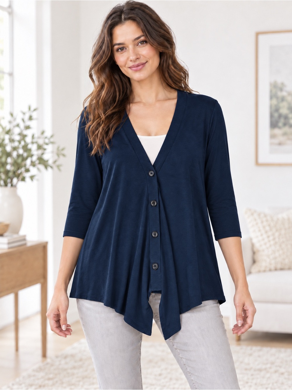 Susan Graver Weekend Navy Jersey Knit 3/4 Sleeve Cardigan Size M